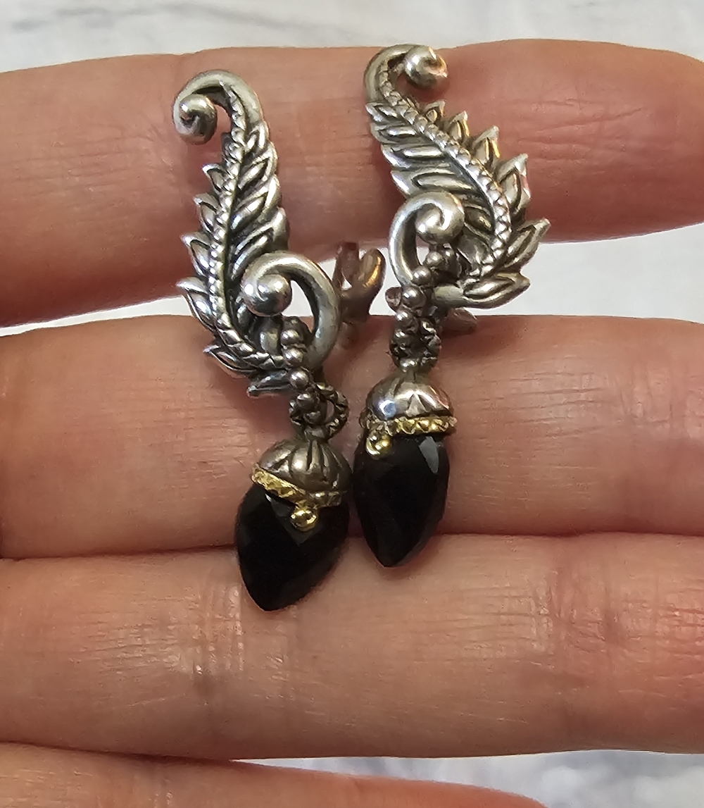 BARBARA BIXBY FEATHER EARRINGS BLACK ONYX CARVED SS 18K OMEGA